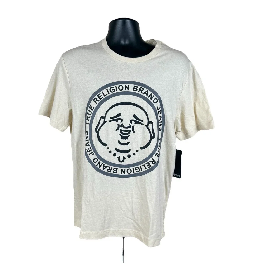 True Religion Buddha Face SS Crew Neck T-Shirt Mens Medium Fog-Beige NWT $59